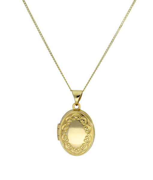 HJ-137-2DC_9nm_Gild_Oval_Locket_on_Chain_with_Floral_Design_on_Chain_16_18_Inches