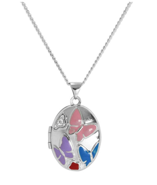 WRC-083-4DC_Sterling_Silver_Clear_CZ_Crystal_Locket_with_Coloured_Enamel_Butterflies_on_Chain_16_24_Inches
